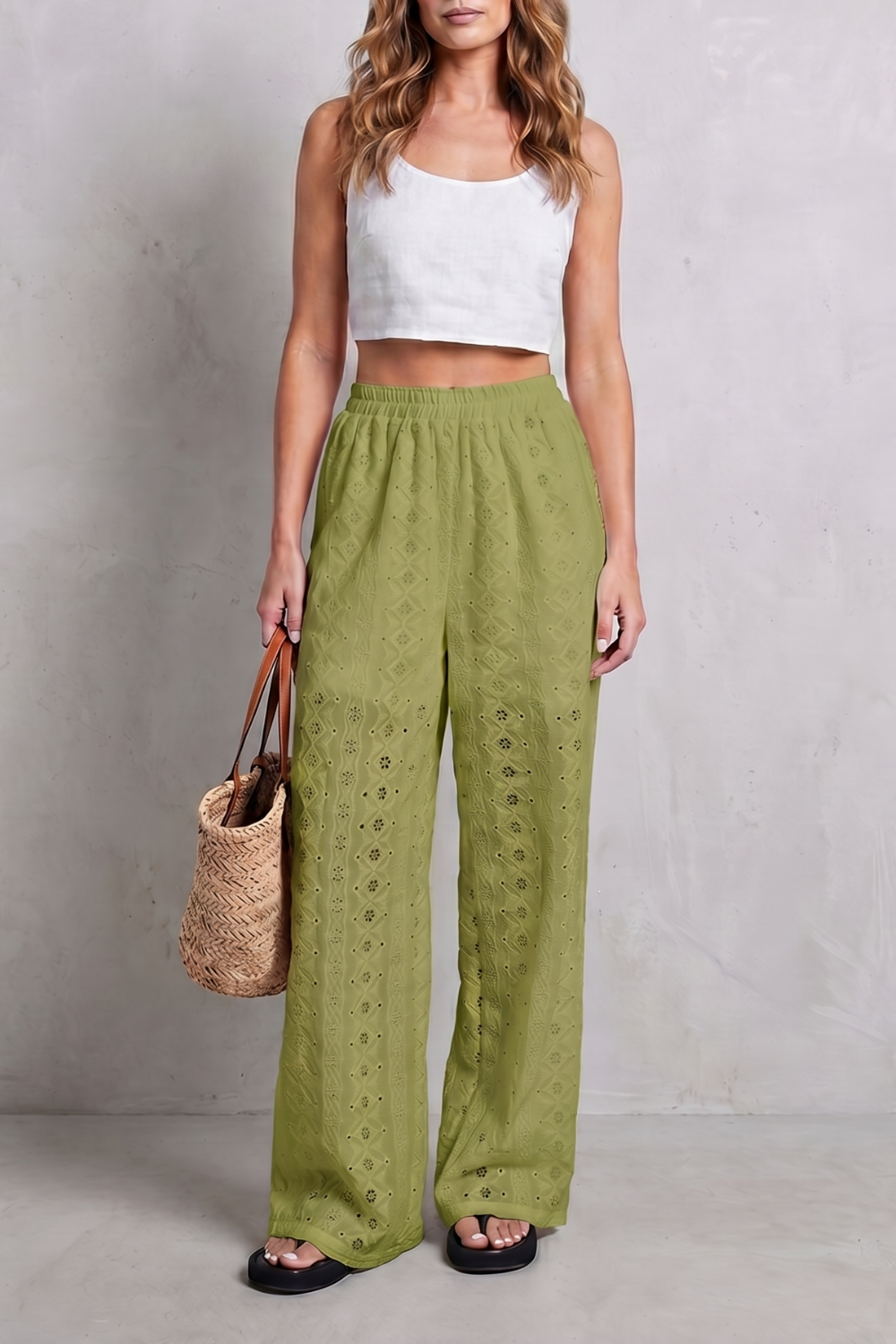 Women's Broderie Anglaise Wide Leg Trousers in White - Orlandine