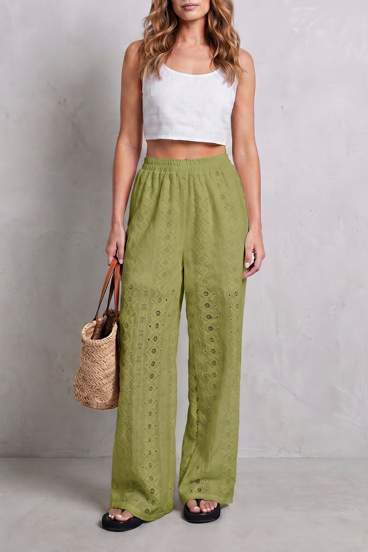 Women's Broderie Anglaise Wide Leg Trousers in White - Orlandine