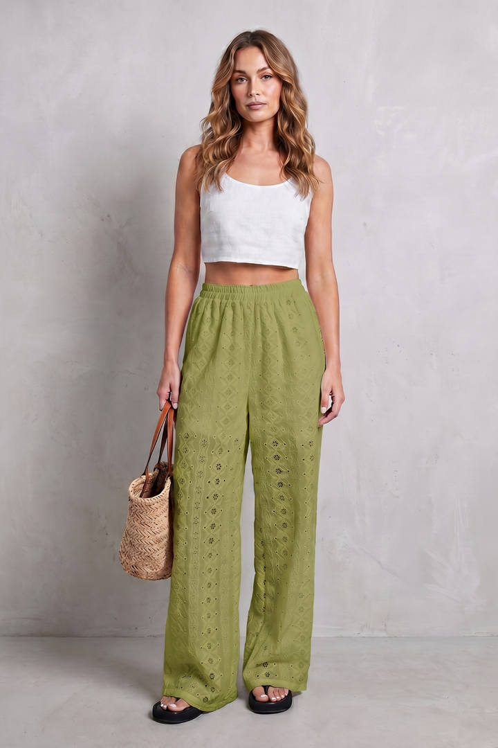 Women's Broderie Anglaise Wide Leg Trousers in White - Orlandine