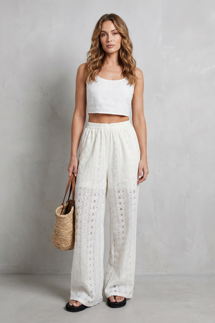 Women's Broderie Anglaise Wide Leg Trousers in White - Orlandine