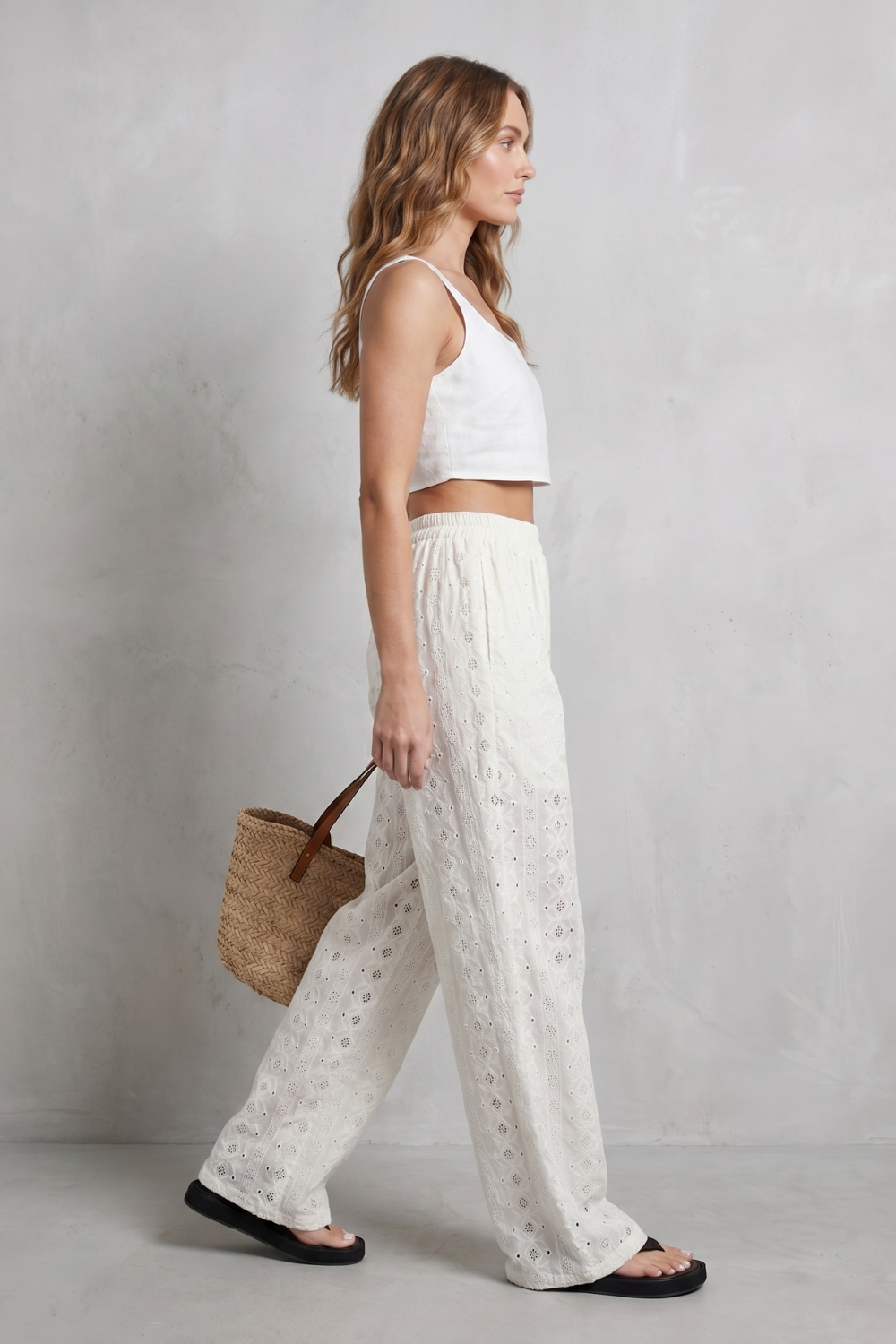 Women's Broderie Anglaise Wide Leg Trousers in White - Orlandine