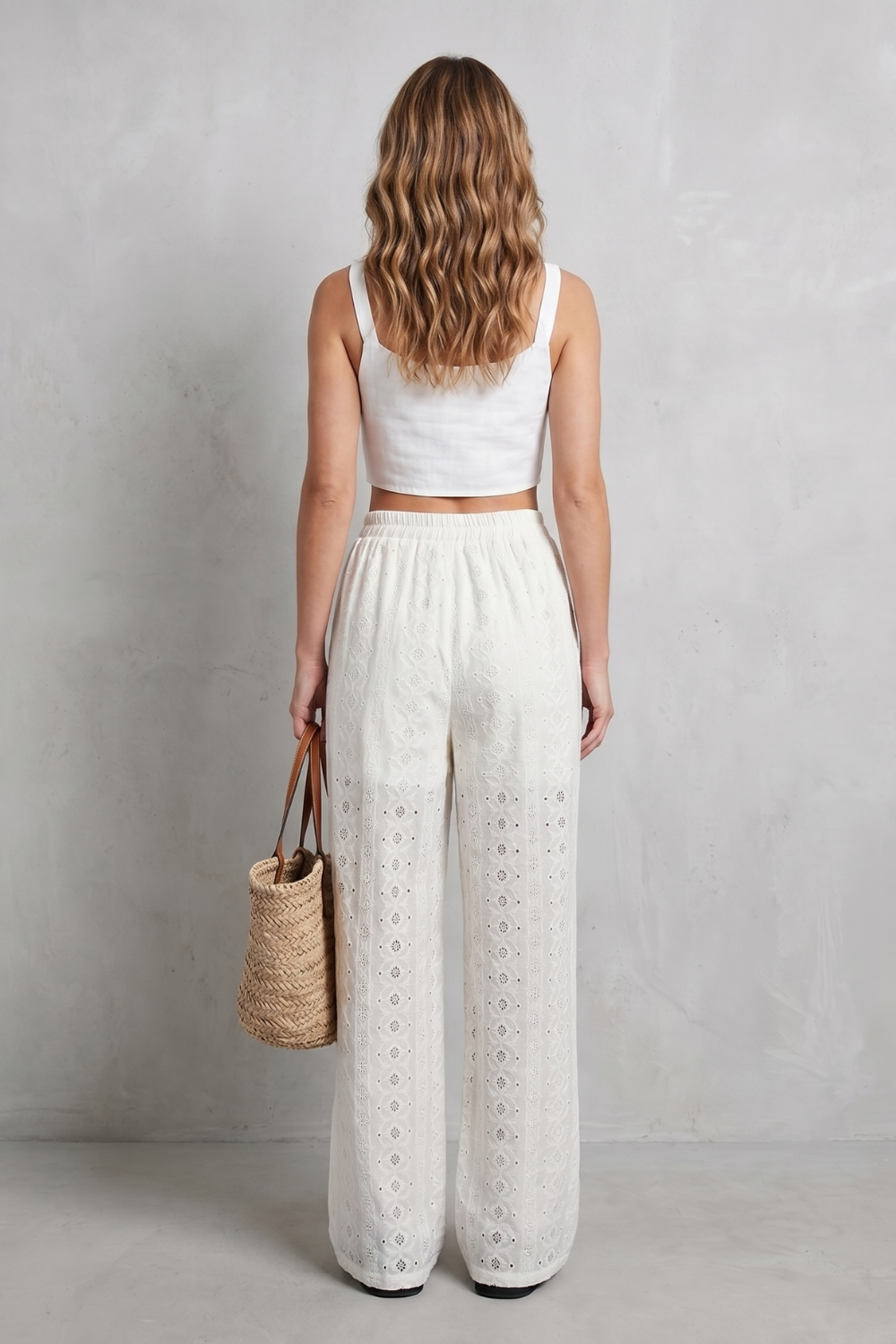 Women's Broderie Anglaise Wide Leg Trousers in White - Orlandine