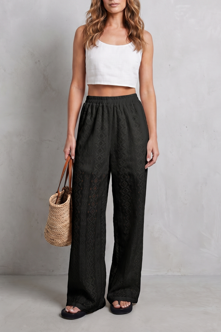 Women's Broderie Anglaise Wide Leg Trousers in White - Orlandine