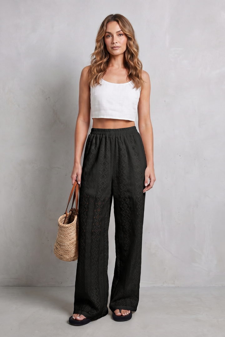 Women's Broderie Anglaise Wide Leg Trousers in White - Orlandine