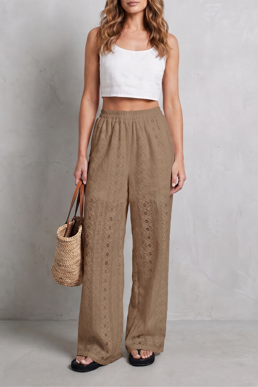 Women's Broderie Anglaise Wide Leg Trousers in White - Orlandine