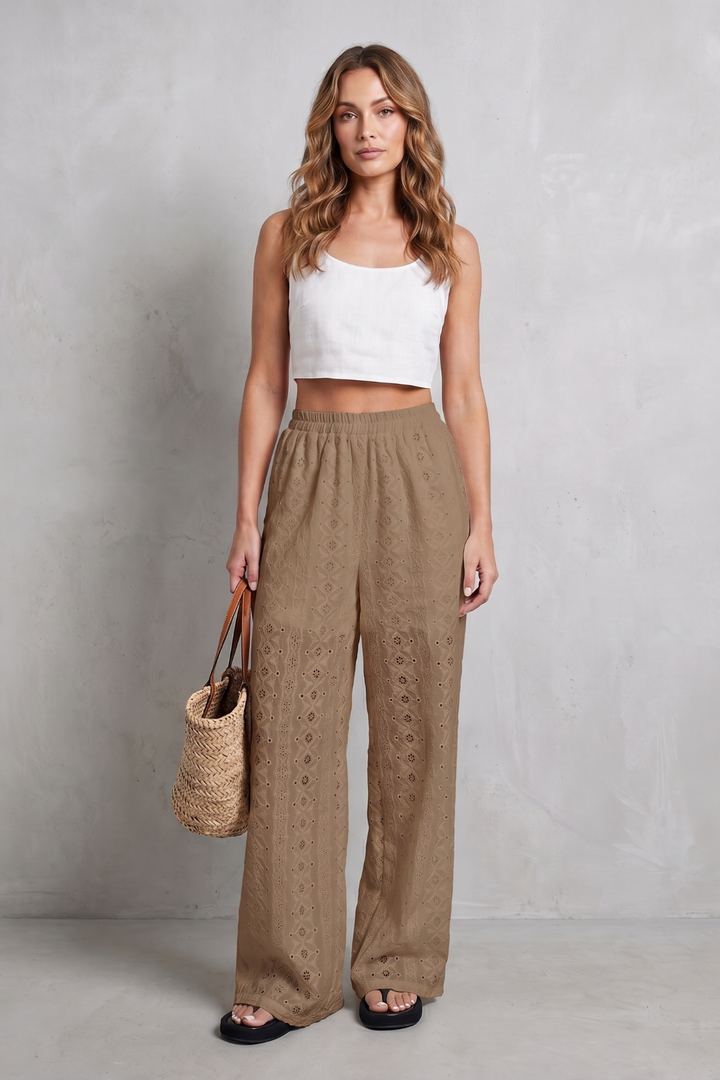 Women's Broderie Anglaise Wide Leg Trousers in White - Orlandine