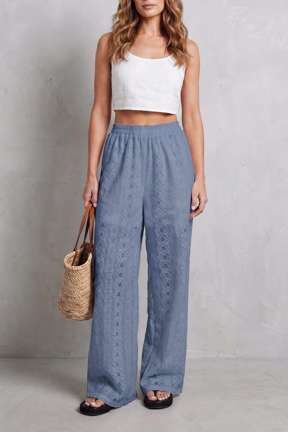 Women's Broderie Anglaise Wide Leg Trousers in White - Orlandine