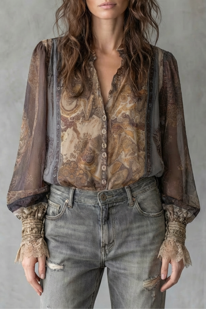 Women's Sheer Paisley Blouse with Lace Cuffs - Sorelline