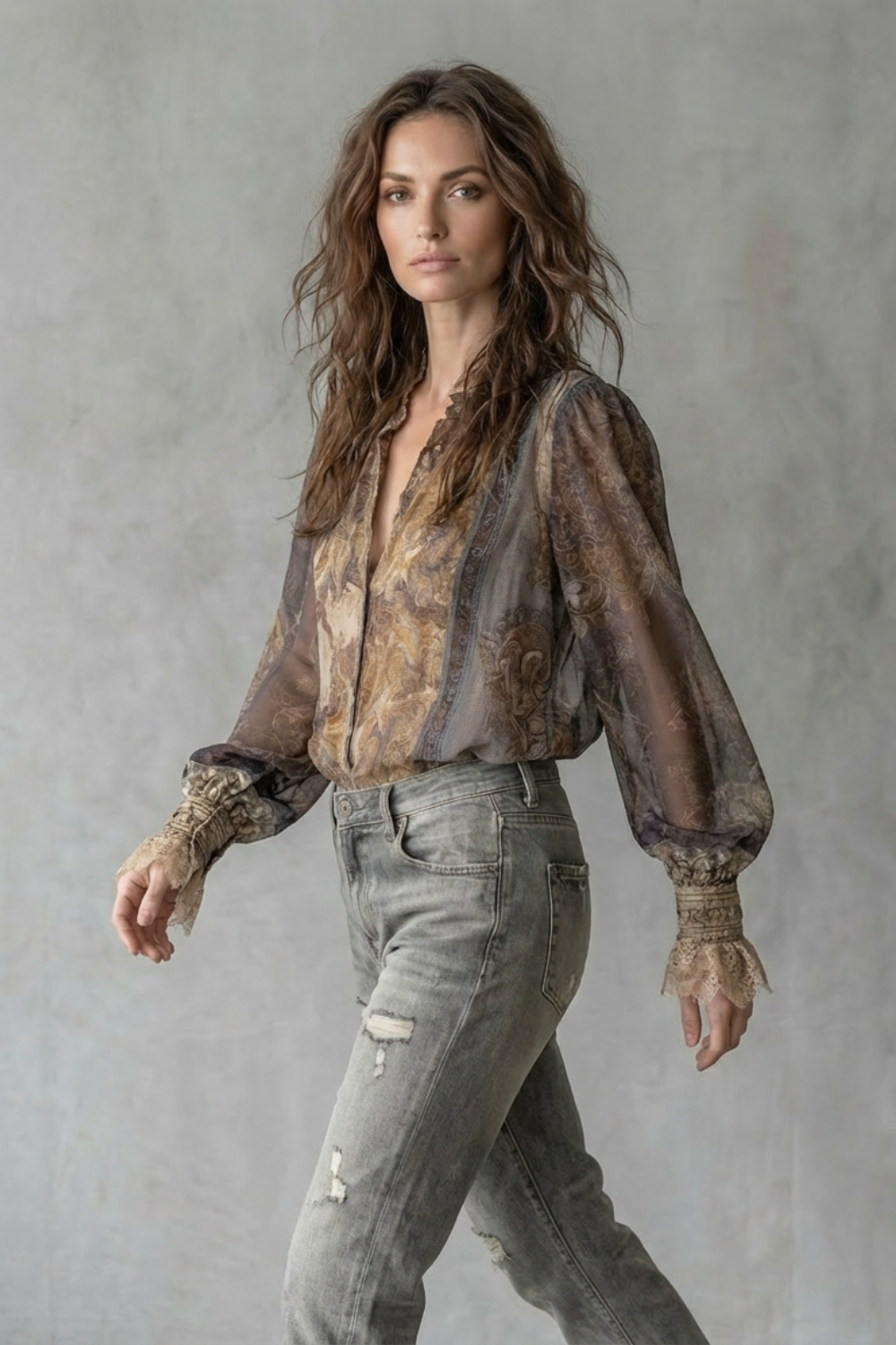 Women's Sheer Paisley Blouse with Lace Cuffs - Sorelline