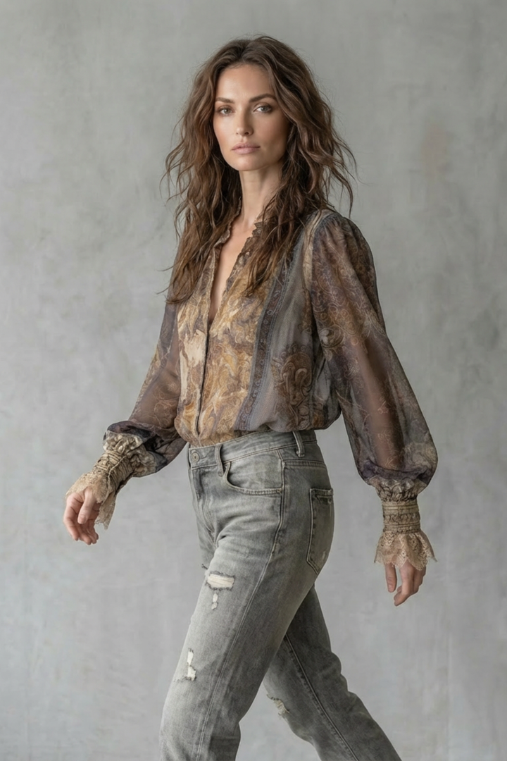 Women's Sheer Paisley Blouse with Lace Cuffs - Sorelline