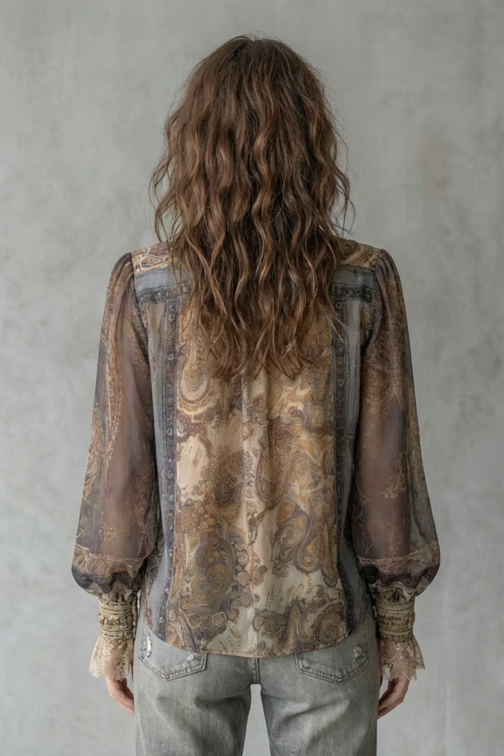 Women's Sheer Paisley Blouse with Lace Cuffs - Sorelline