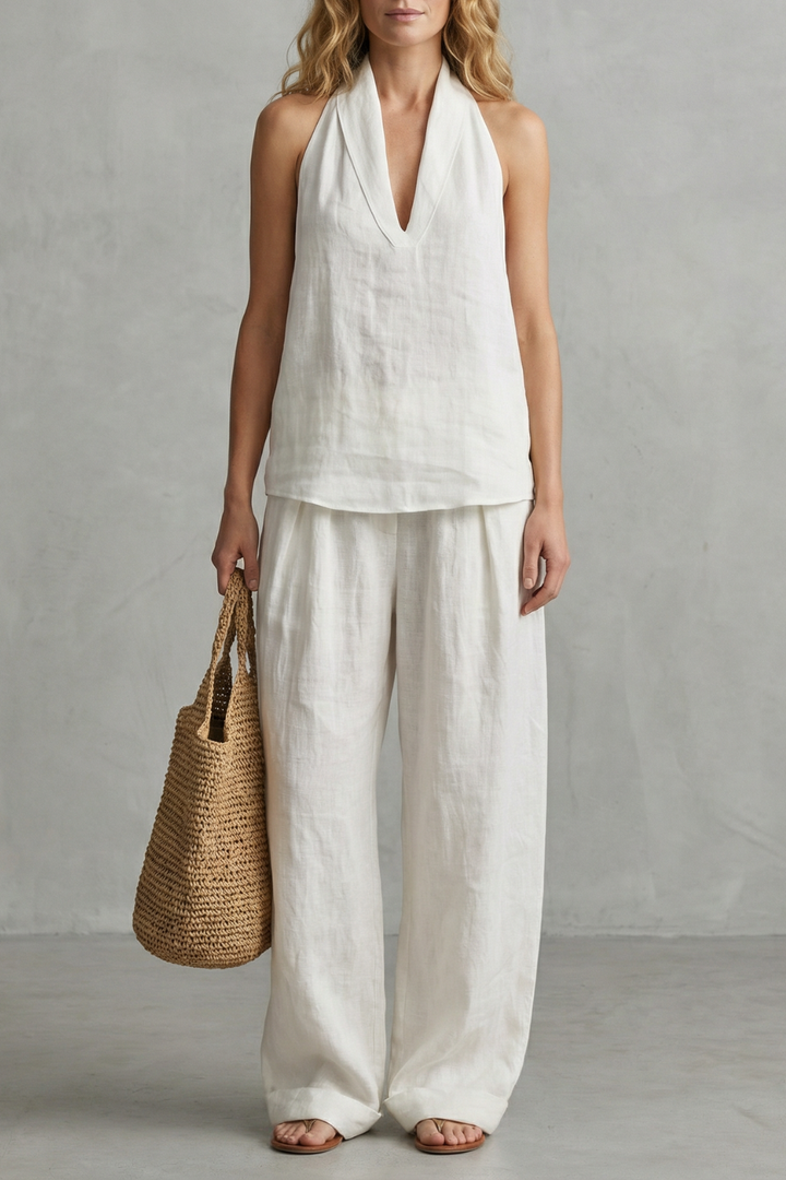 Women's V Neck Draped Top and Wide Leg Trouser Set - Brumelle