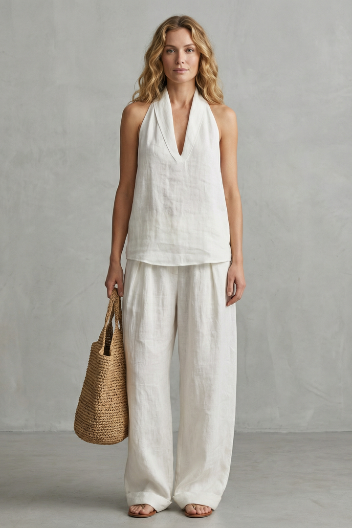 Women's V Neck Draped Top and Wide Leg Trouser Set - Brumelle