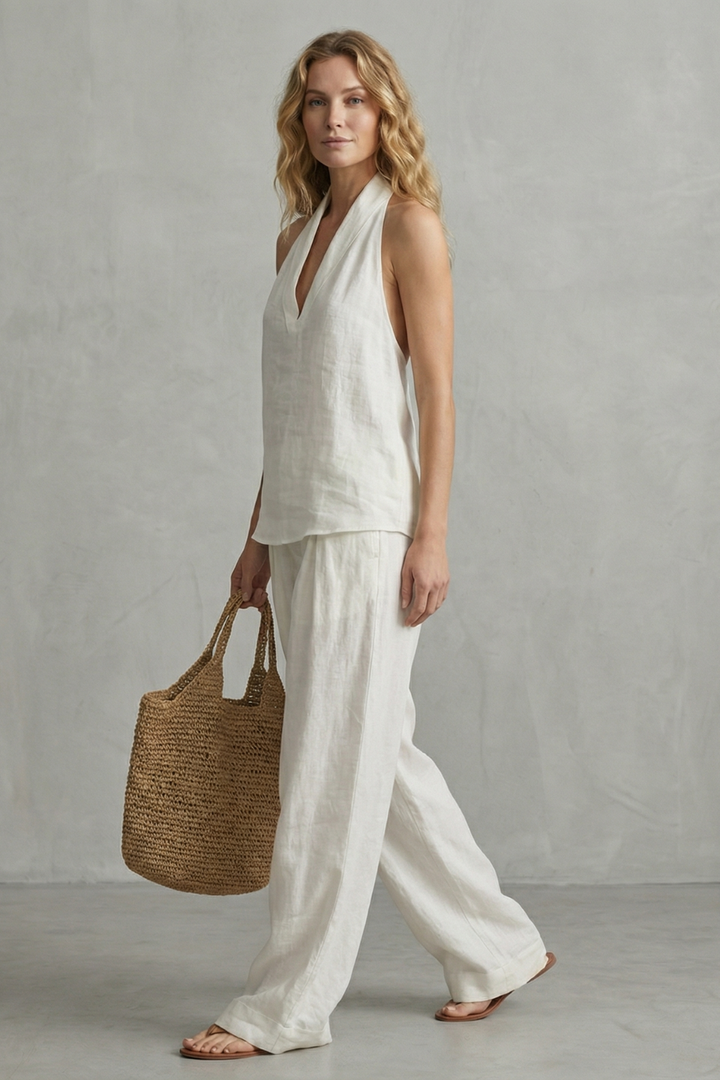 Women's V Neck Draped Top and Wide Leg Trouser Set - Brumelle