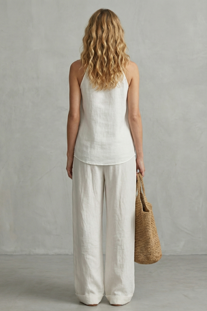 Women's V Neck Draped Top and Wide Leg Trouser Set - Brumelle