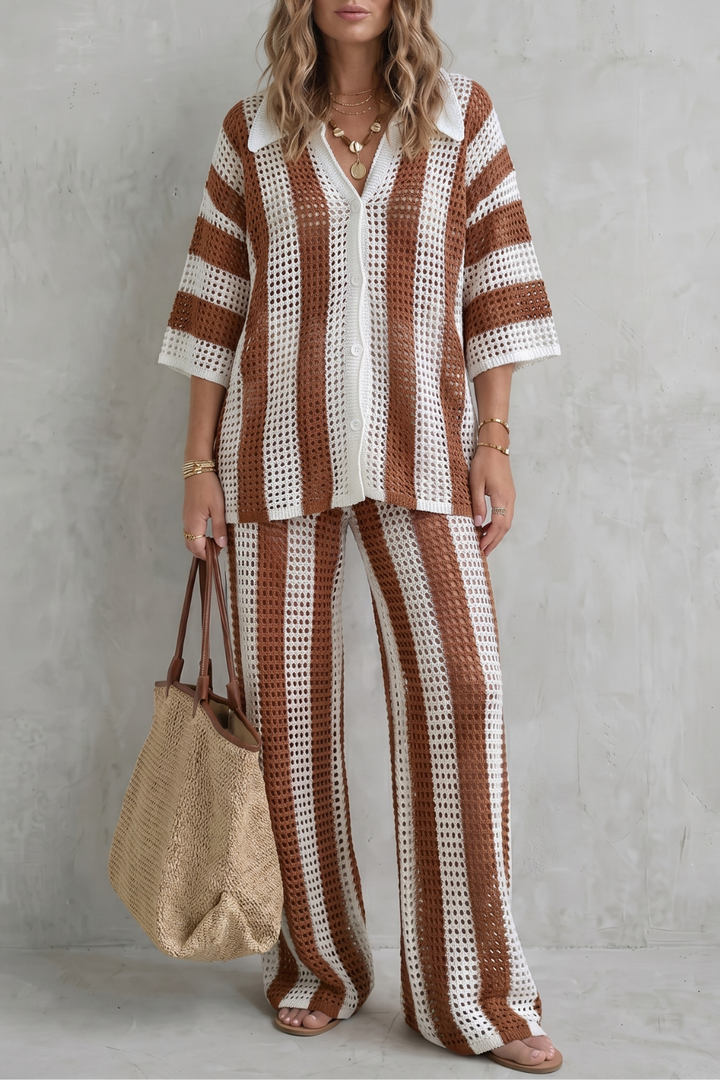 Women's Striped Knit Shirt and Trouser Co-ord Set - Elvanne