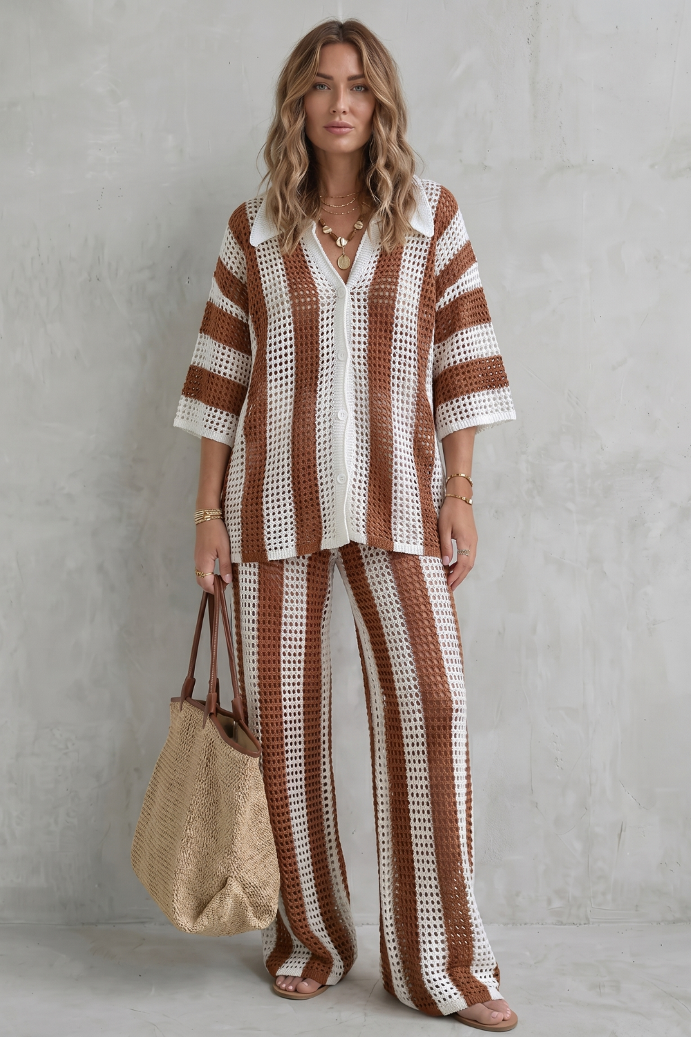 Women's Striped Knit Shirt and Trouser Co-ord Set - Elvanne