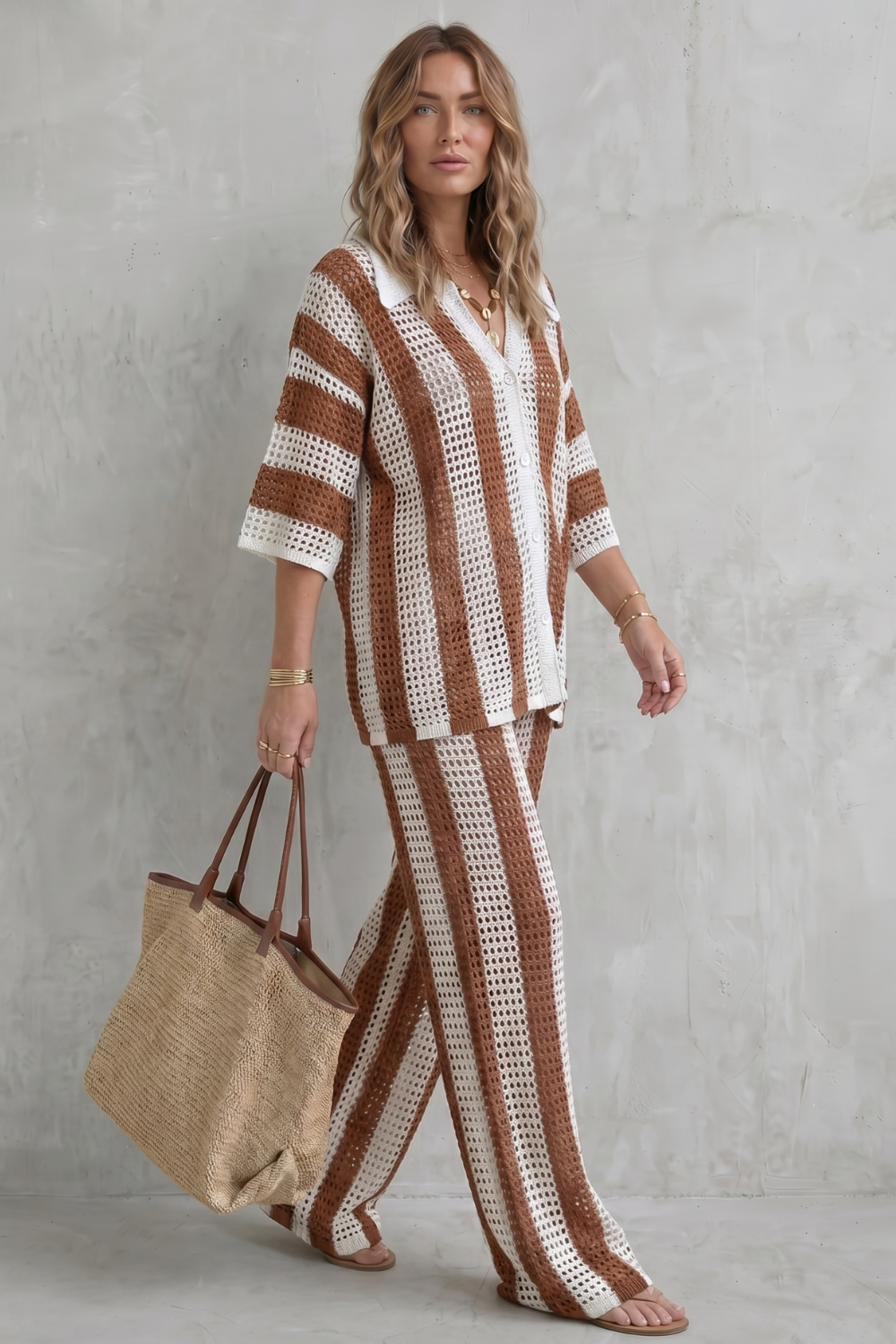 Women's Striped Knit Shirt and Trouser Co-ord Set - Elvanne
