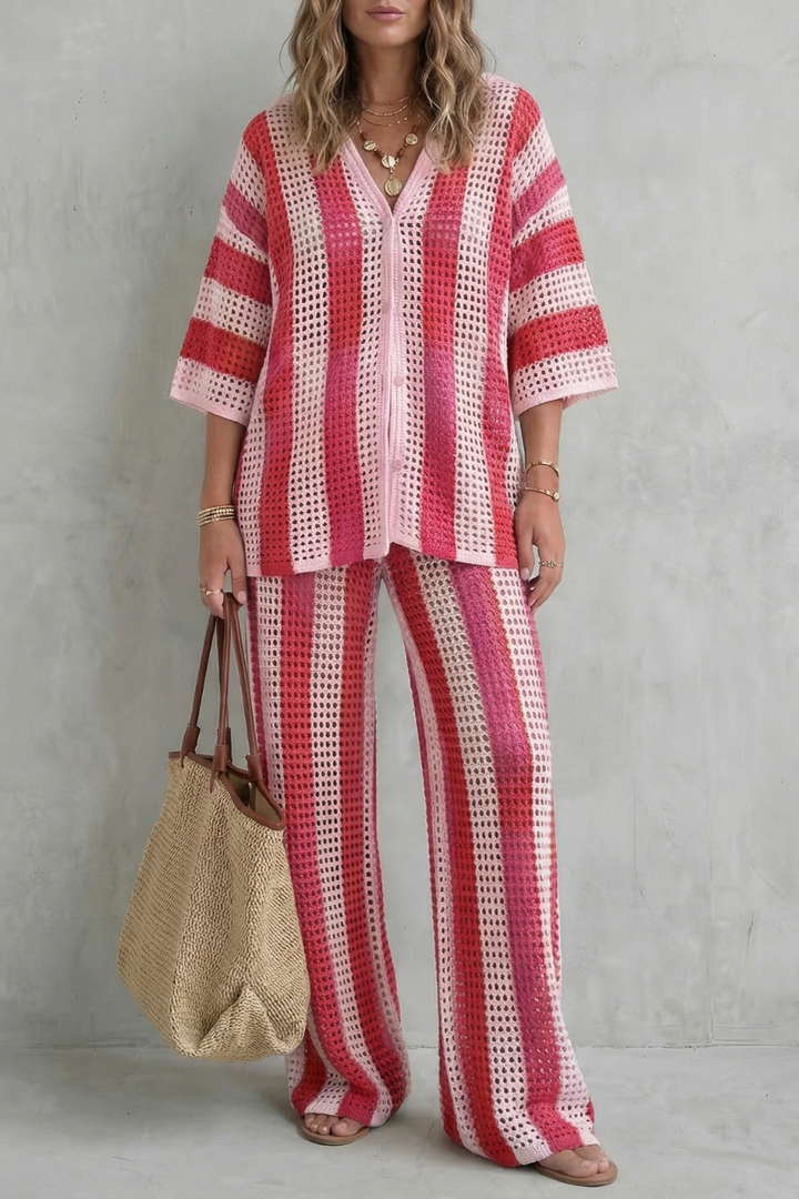 Women's Striped Knit Shirt and Trouser Co-ord Set - Elvanne