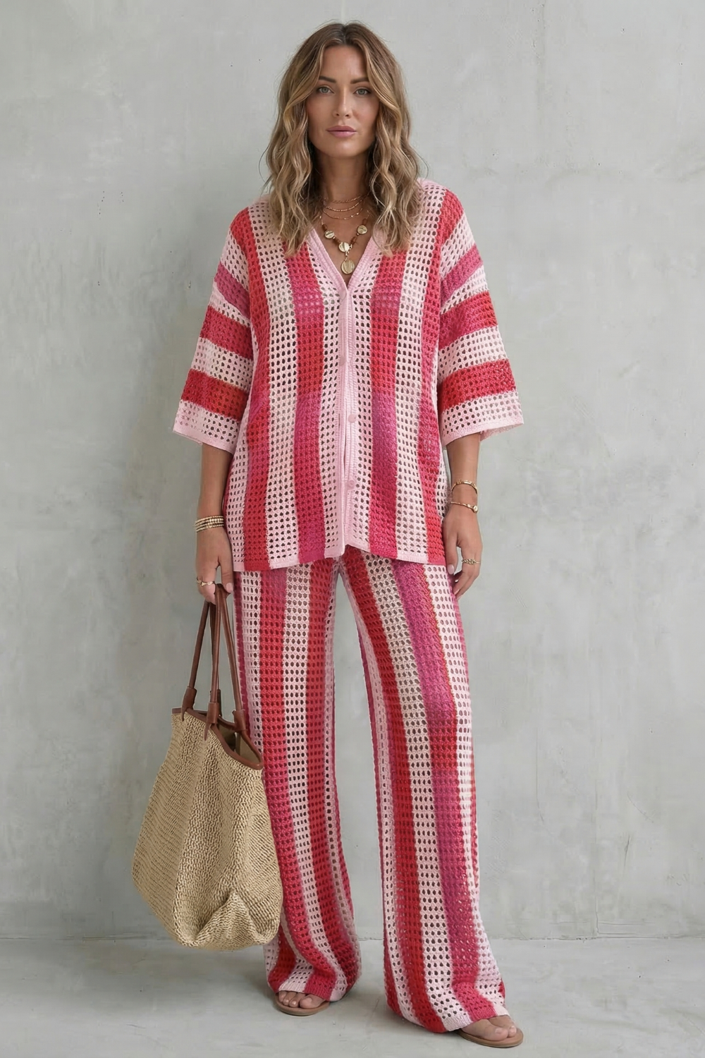 Women's Striped Knit Shirt and Trouser Co-ord Set - Elvanne