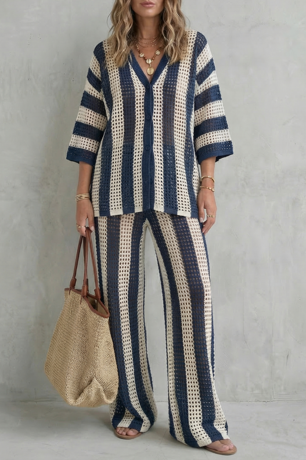 Women's Striped Knit Shirt and Trouser Co-ord Set - Elvanne