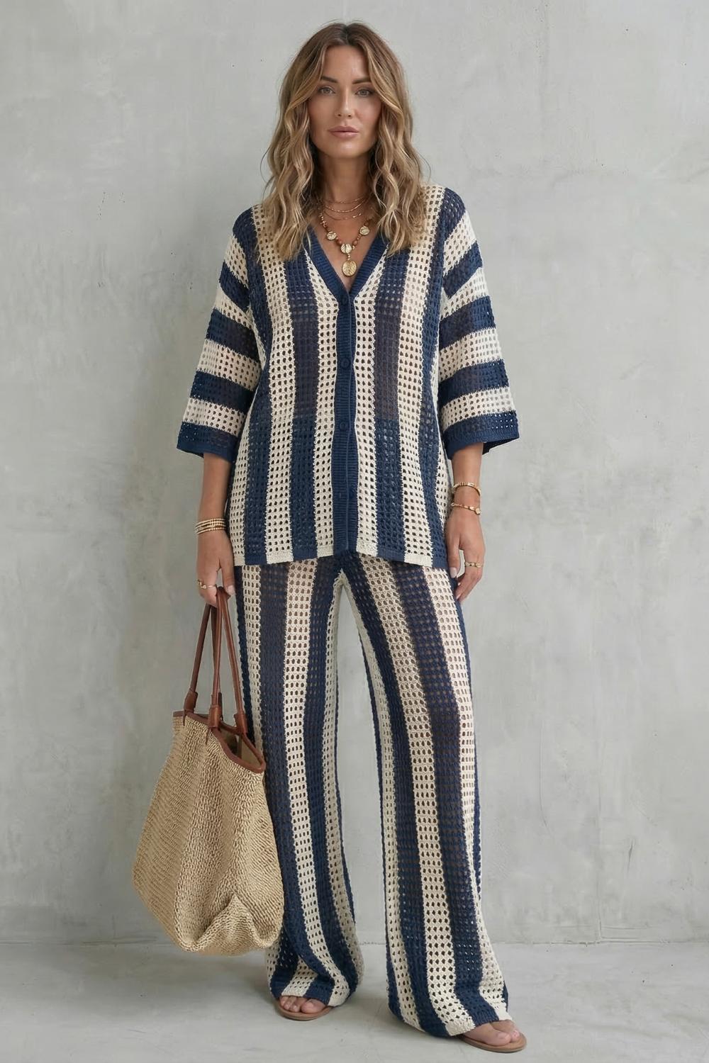 Women's Striped Knit Shirt and Trouser Co-ord Set - Elvanne