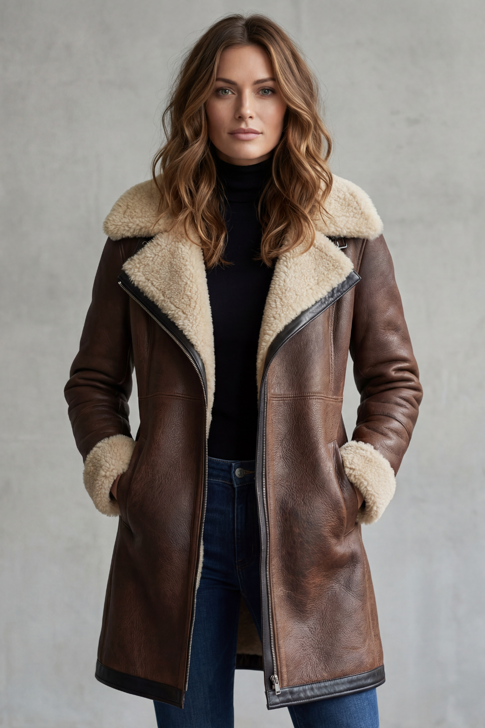 Women's Elegant Leather Coat with Shearling Lining – Amara