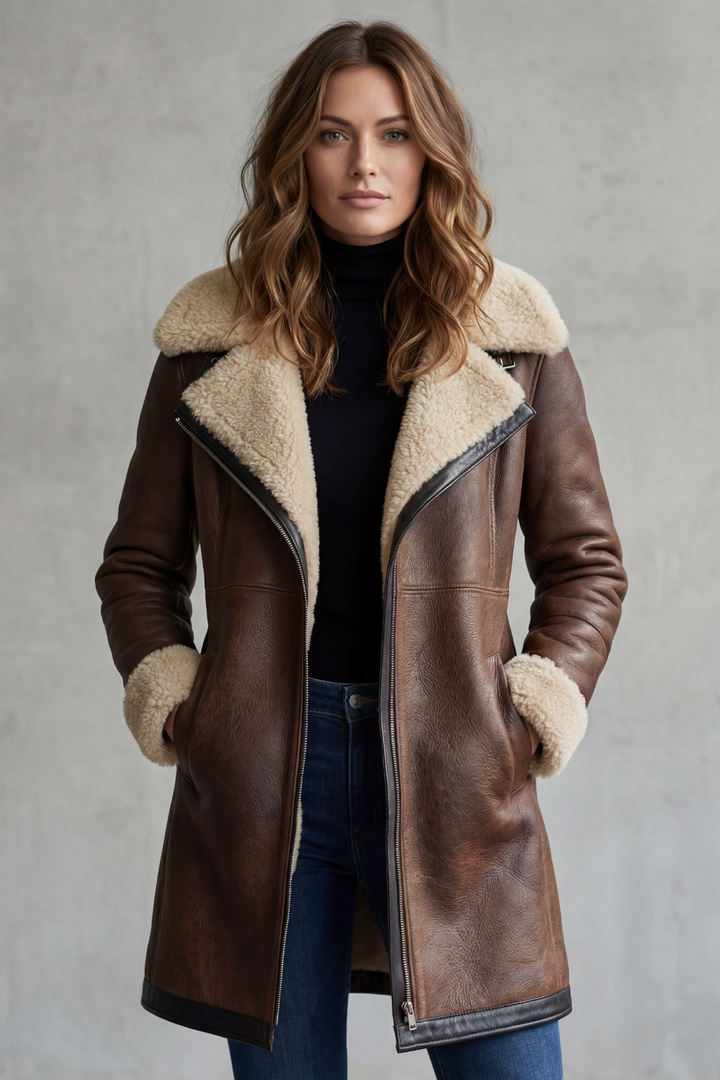 Women's Elegant Leather Coat with Shearling Lining – Amara