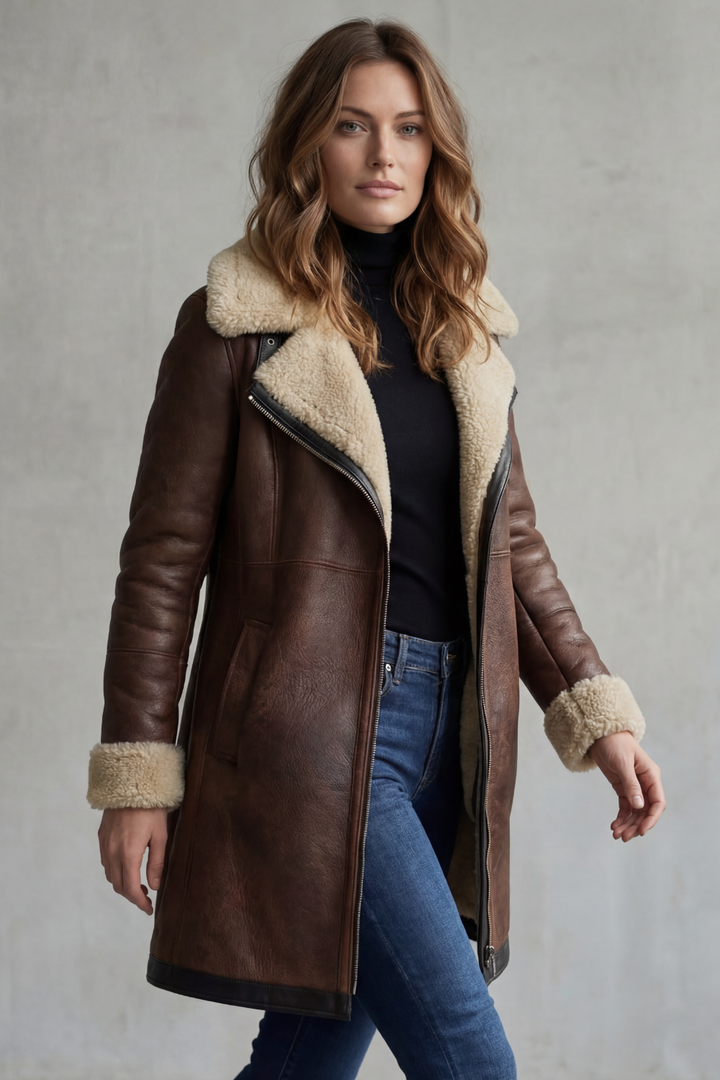 Women's Elegant Leather Coat with Shearling Lining – Amara