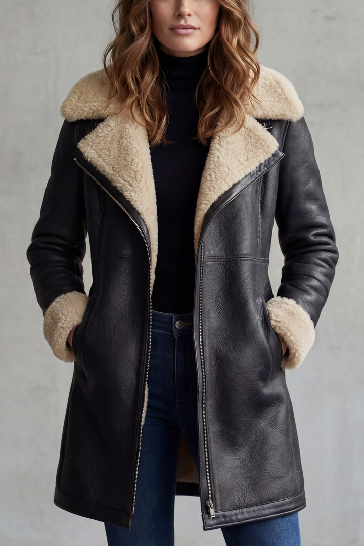 Women's Elegant Leather Coat with Shearling Lining – Amara