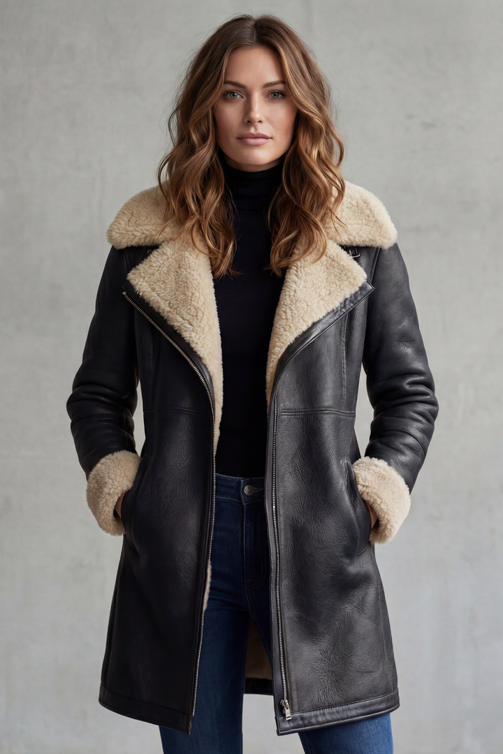 Women's Elegant Leather Coat with Shearling Lining – Amara