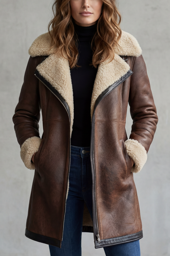 Women's Elegant Leather Coat with Shearling Lining – Amara