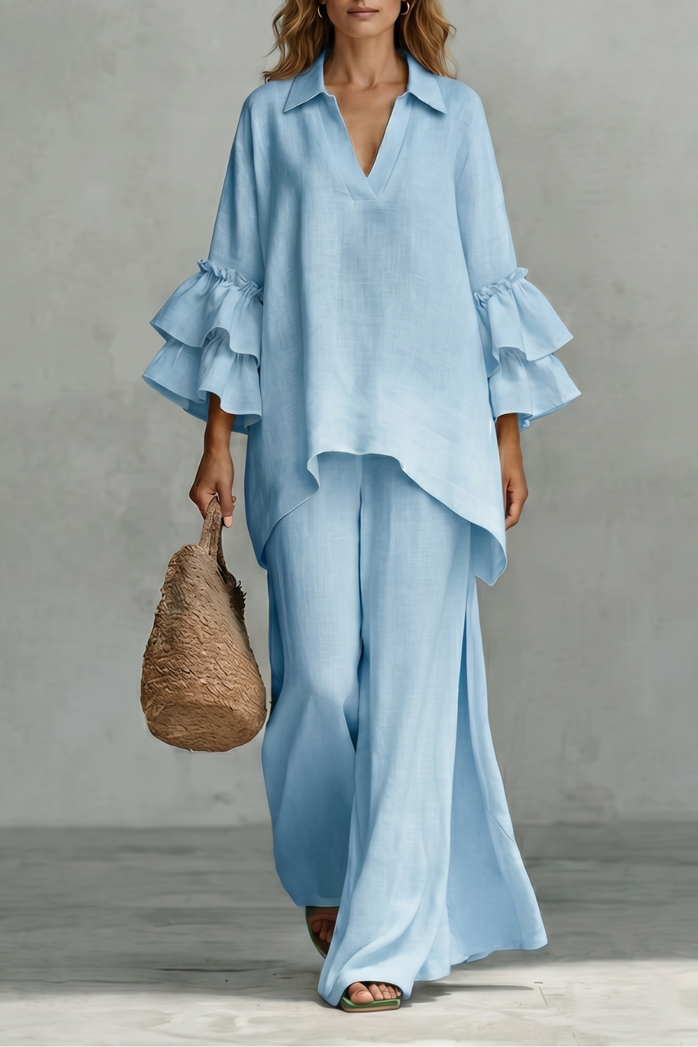 Women's Ruffle Sleeve Top and Wide-Leg Trouser Co-ord Set - Elodrienne