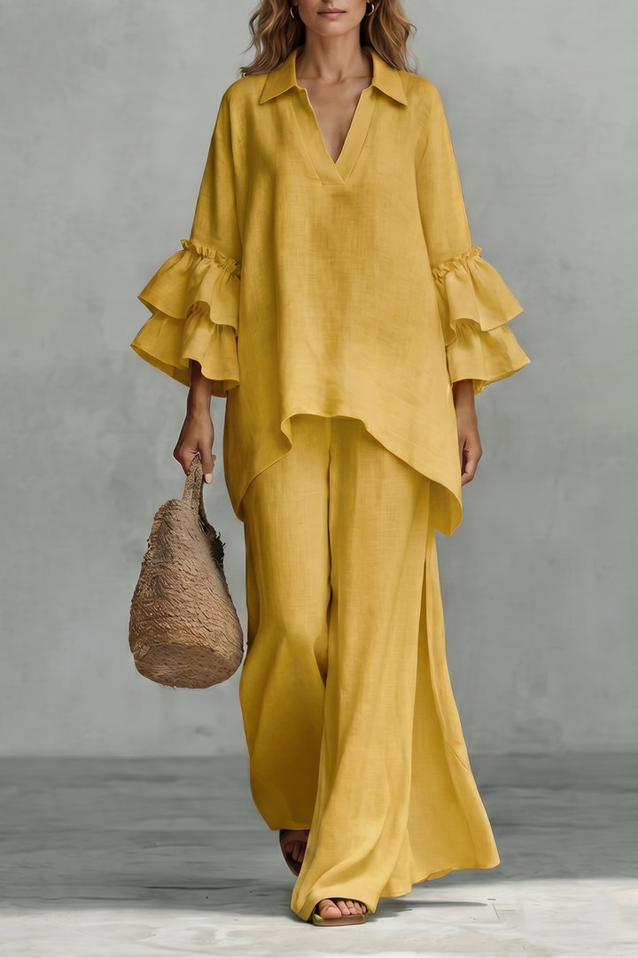 Women's Ruffle Sleeve Top and Wide-Leg Trouser Co-ord Set - Elodrienne