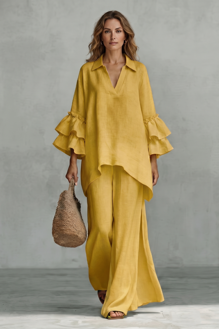 Women's Ruffle Sleeve Top and Wide-Leg Trouser Co-ord Set - Elodrienne