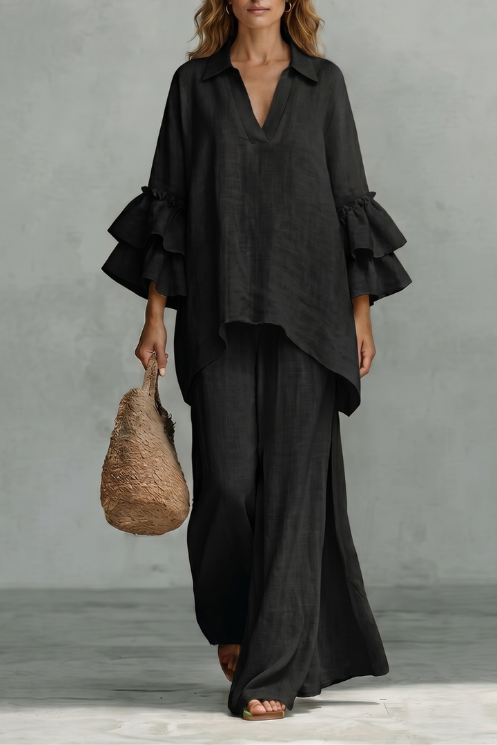 Women's Ruffle Sleeve Top and Wide-Leg Trouser Co-ord Set - Elodrienne