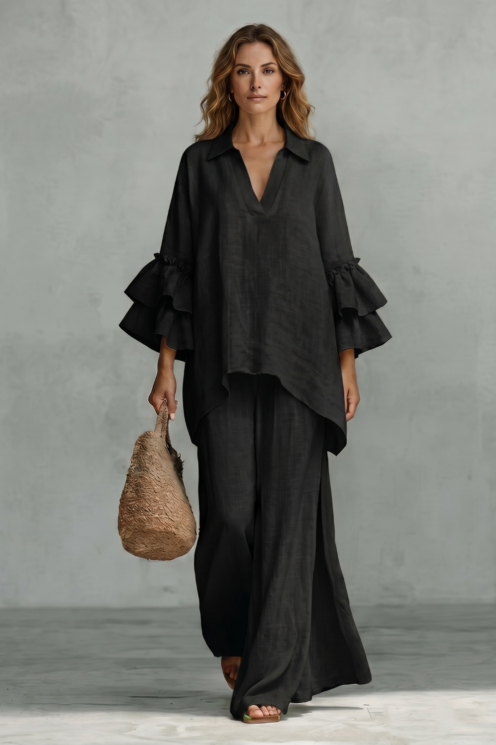 Women's Ruffle Sleeve Top and Wide-Leg Trouser Co-ord Set - Elodrienne