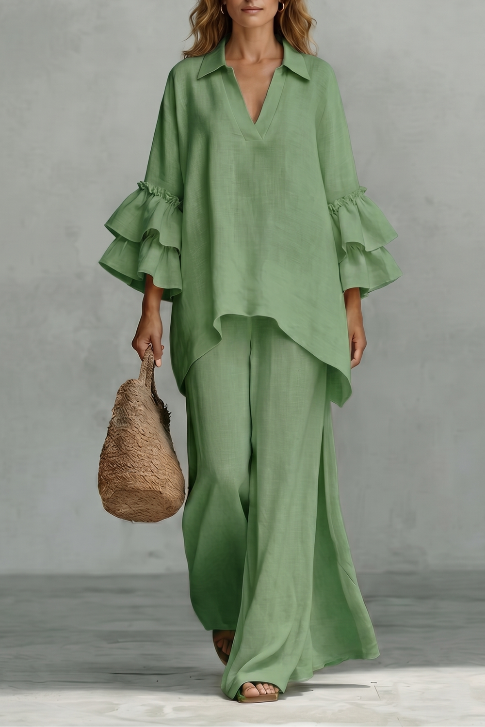 Women's Ruffle Sleeve Top and Wide-Leg Trouser Co-ord Set - Elodrienne