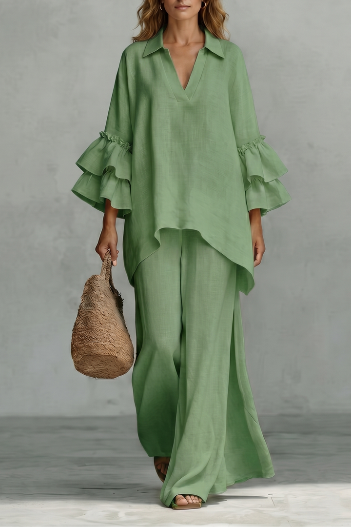Women's Ruffle Sleeve Top and Wide-Leg Trouser Co-ord Set - Elodrienne