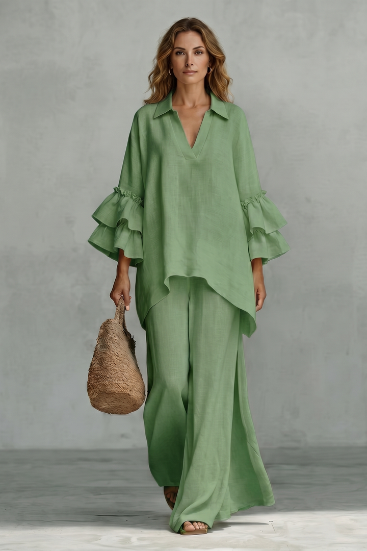 Women's Ruffle Sleeve Top and Wide-Leg Trouser Co-ord Set - Elodrienne