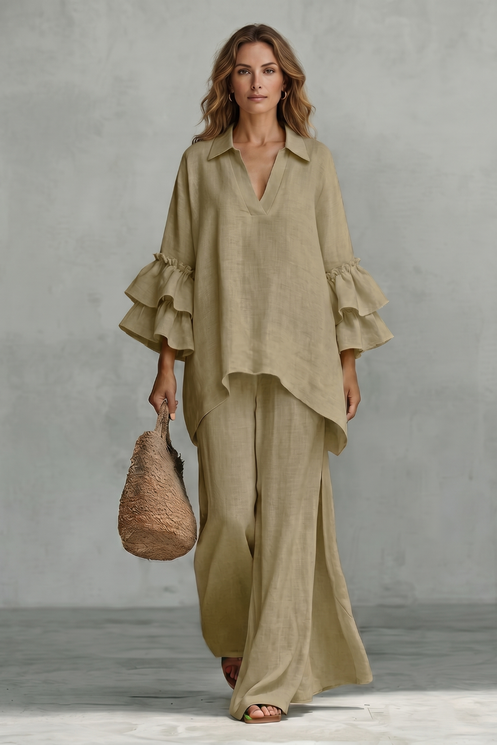 Women's Ruffle Sleeve Top and Wide-Leg Trouser Co-ord Set - Elodrienne