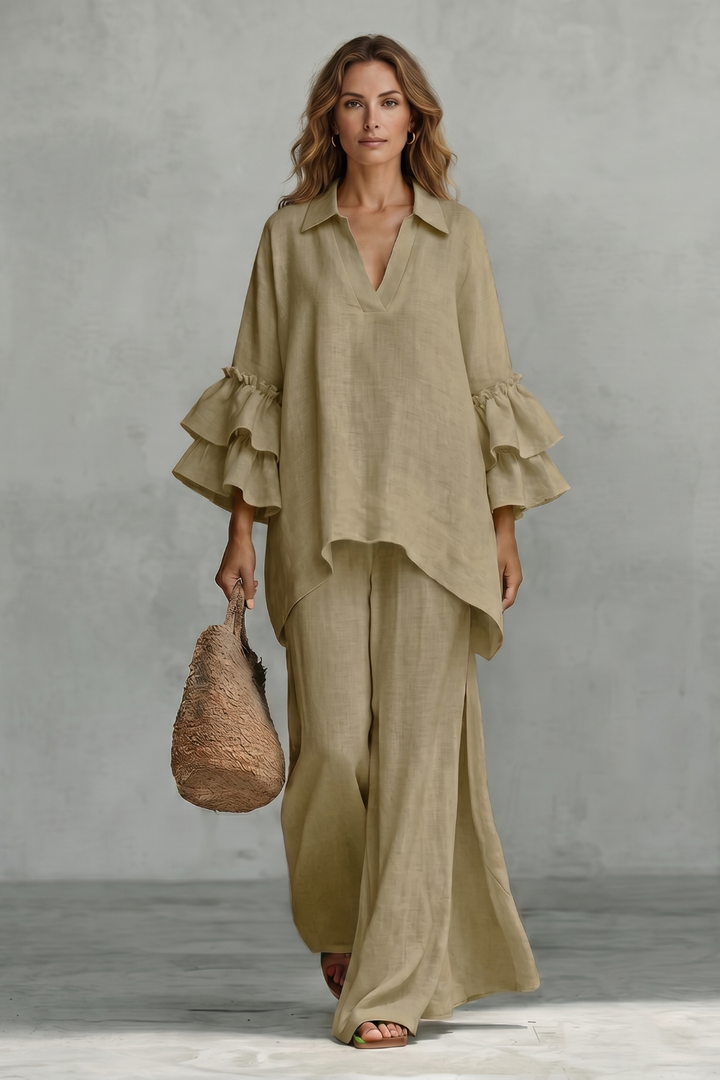 Women's Ruffle Sleeve Top and Wide-Leg Trouser Co-ord Set - Elodrienne