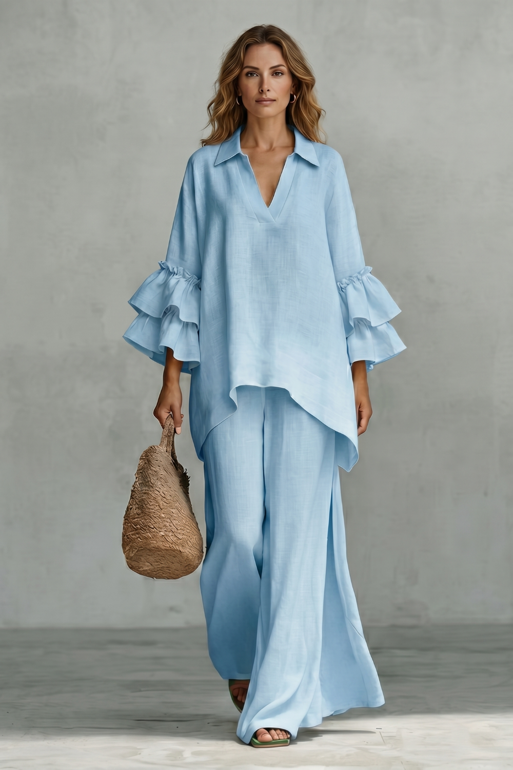 Women's Ruffle Sleeve Top and Wide-Leg Trouser Co-ord Set - Elodrienne