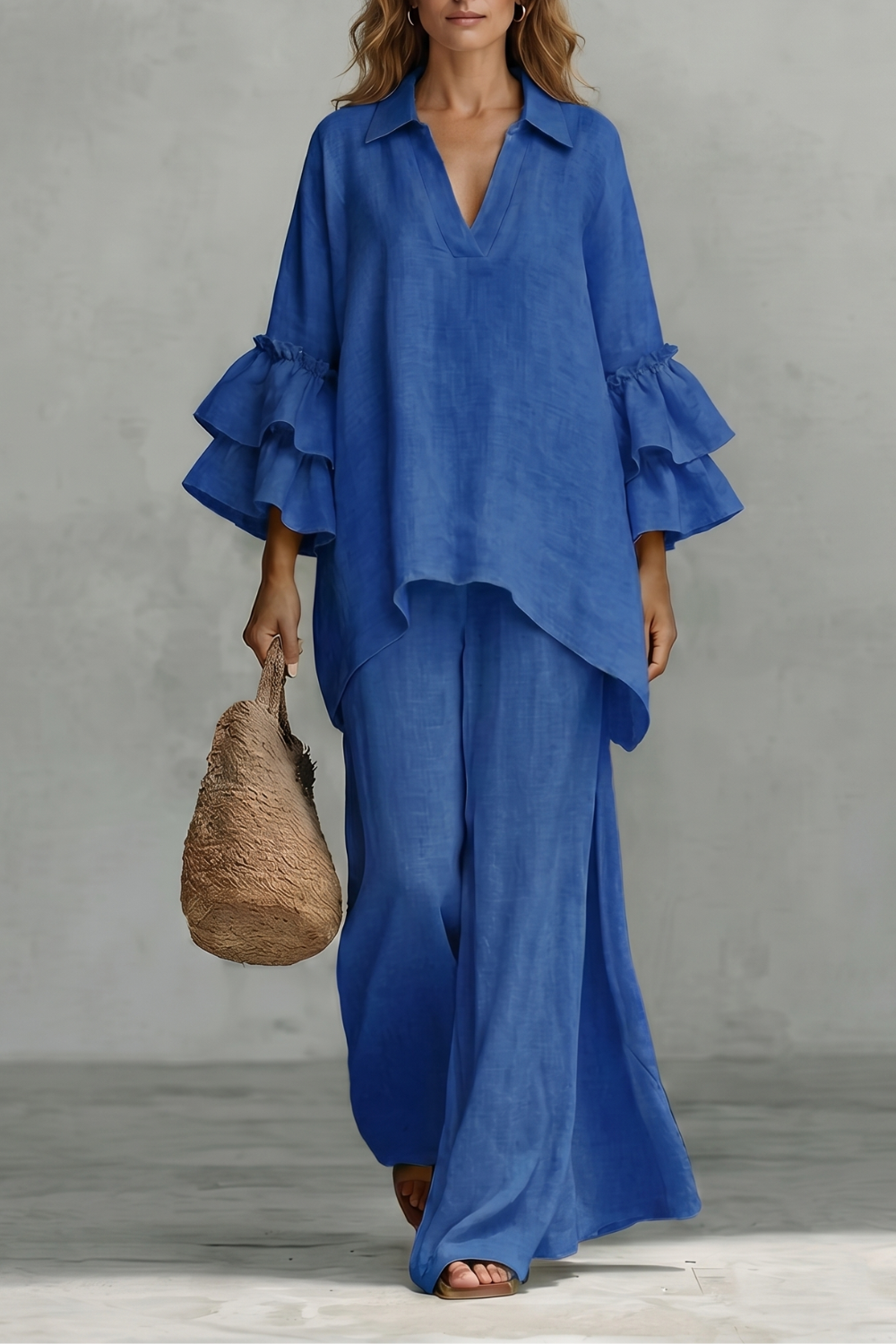 Women's Ruffle Sleeve Top and Wide-Leg Trouser Co-ord Set - Elodrienne