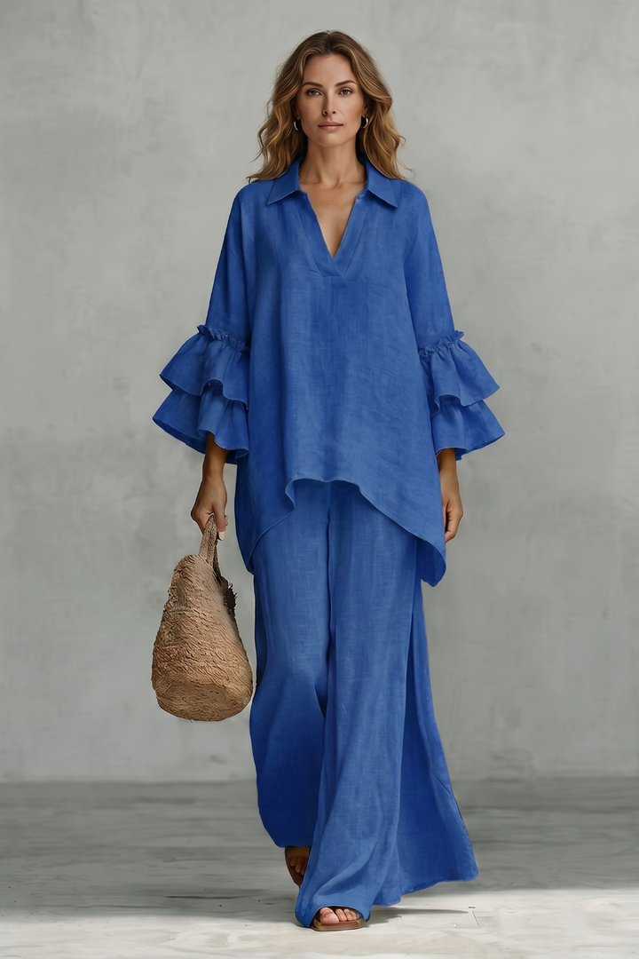 Women's Ruffle Sleeve Top and Wide-Leg Trouser Co-ord Set - Elodrienne
