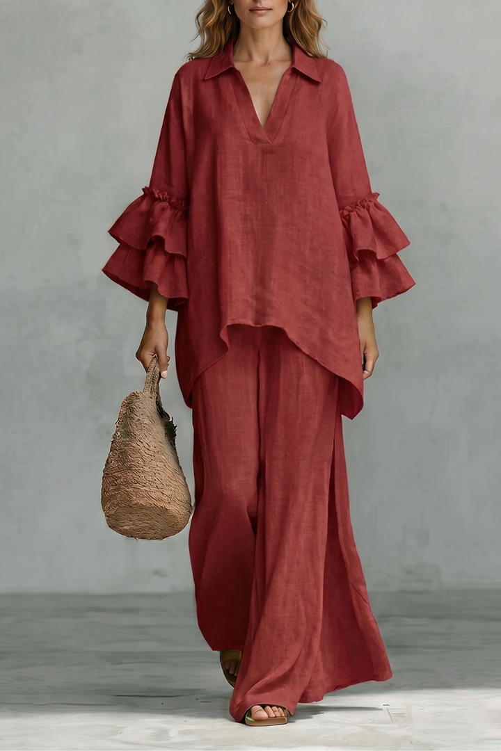 Women's Ruffle Sleeve Top and Wide-Leg Trouser Co-ord Set - Elodrienne