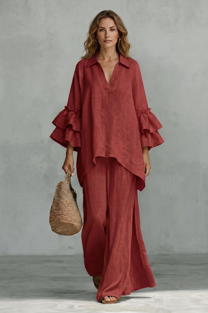 Women's Ruffle Sleeve Top and Wide-Leg Trouser Co-ord Set - Elodrienne