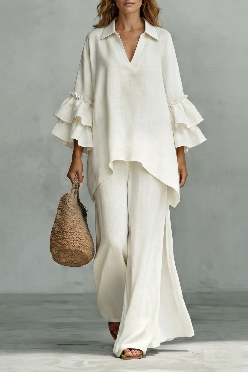 Women's Ruffle Sleeve Top and Wide-Leg Trouser Co-ord Set - Elodrienne