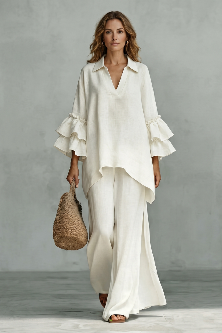 Women's Ruffle Sleeve Top and Wide-Leg Trouser Co-ord Set - Elodrienne