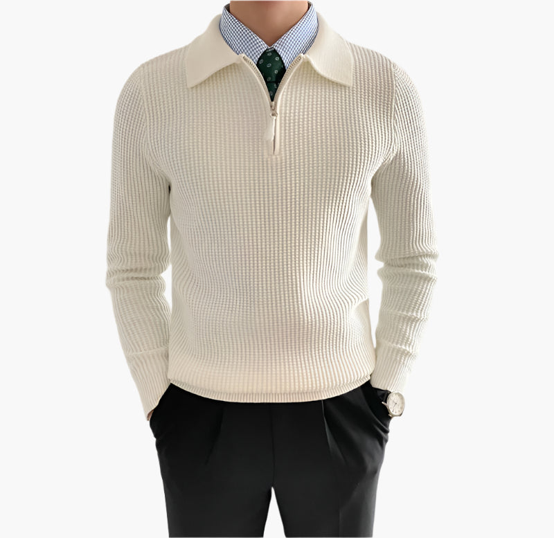 Men's waffle knit half zip polo jumper in white – Sylar – front view